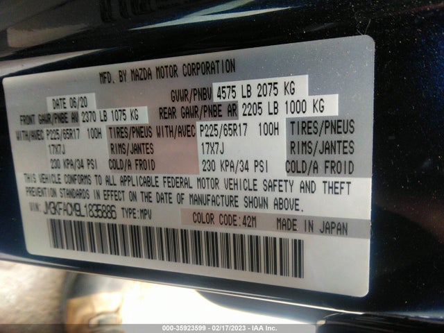 2020 MAZDA CX-5 TOURING VIN: JM3KFACM9L1835886