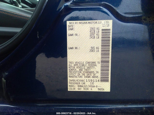 2019 NISSAN ALTIMA 2.5 SR VIN: 1N4BL4CVXKC159114