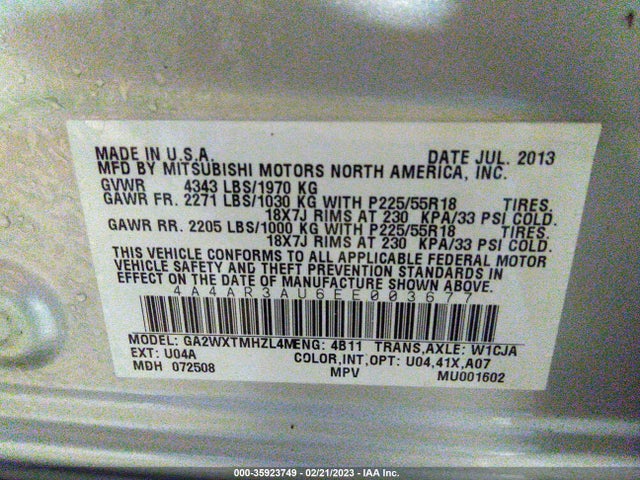 4A4AR3AU6EE003677 Mitsubishi Outlander Sport Es