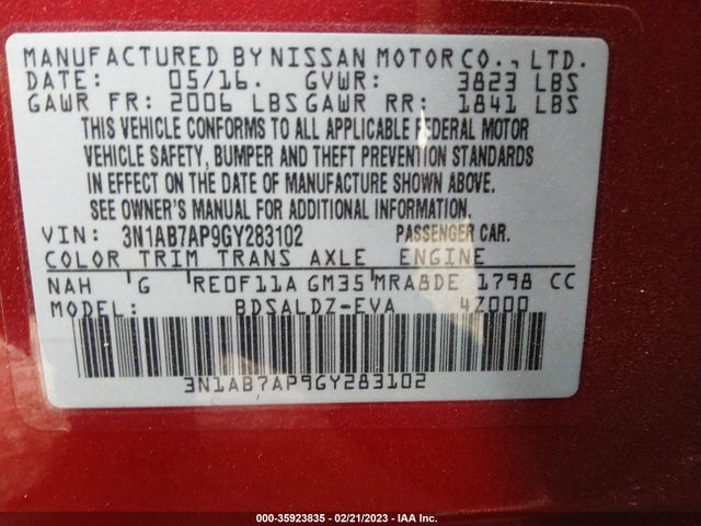 2016 NISSAN SENTRA SV VIN: 3N1AB7AP9GY283102