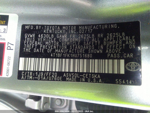 2017 TOYOTA CAMRY XLE/SE/LE/XSE VIN: 4T1BF1FK1HU751680