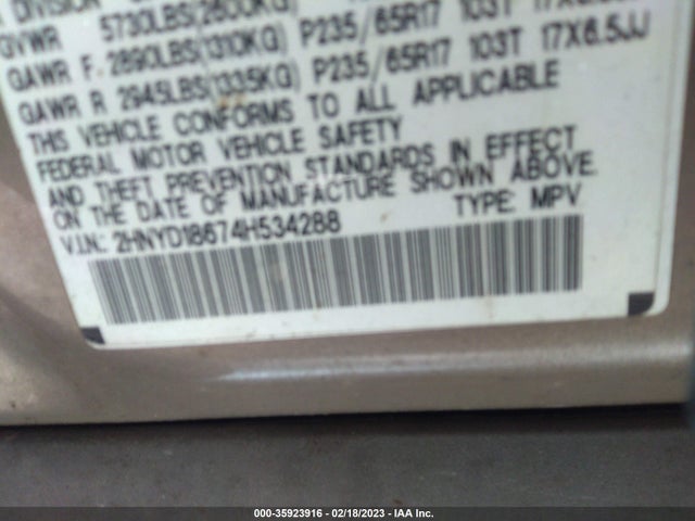 2HNYD18674H534288 Acura Mdx Touring Pkg