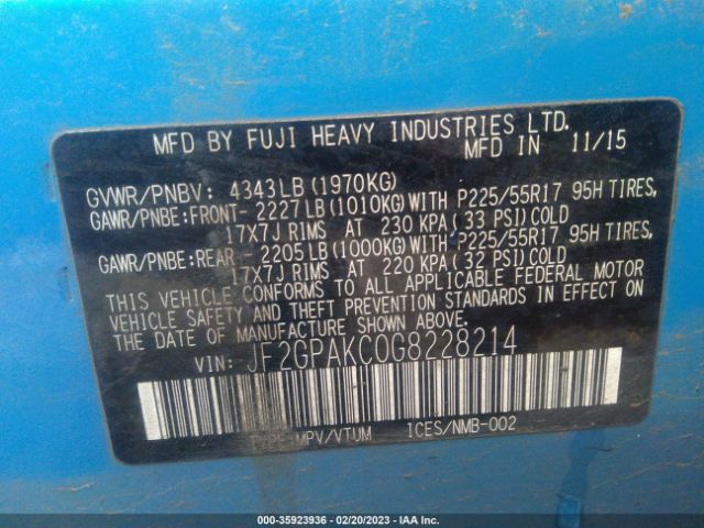 JF2GPAKC0G8228214 Subaru Crosstrek Limited