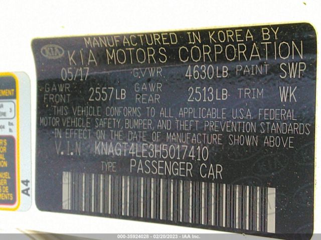 KNAGT4LE3H5017410 KIA Optima Hybrid Base