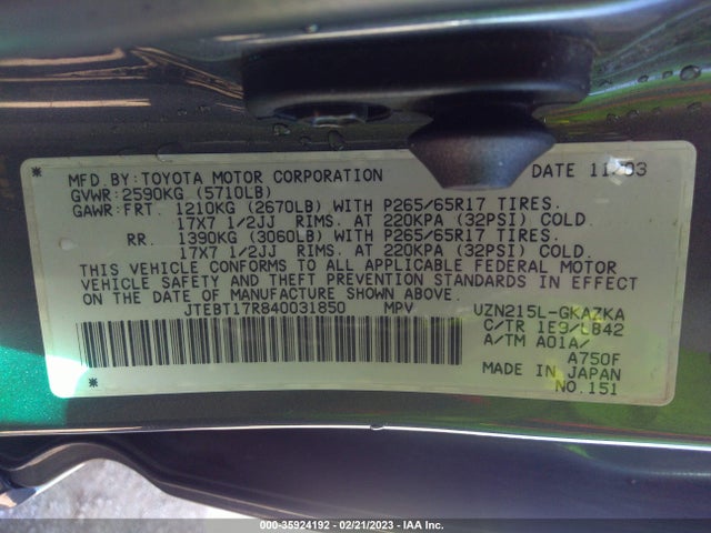 2004 TOYOTA 4RUNNER LIMITED VIN: JTEBT17R840031850