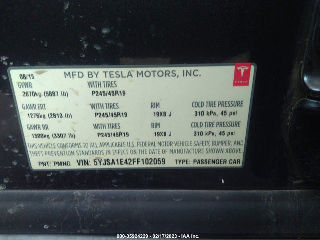 Tesla Model S 85d/p85d/90d/p90d 2015 5YJSA1E42FF102059 Image 9