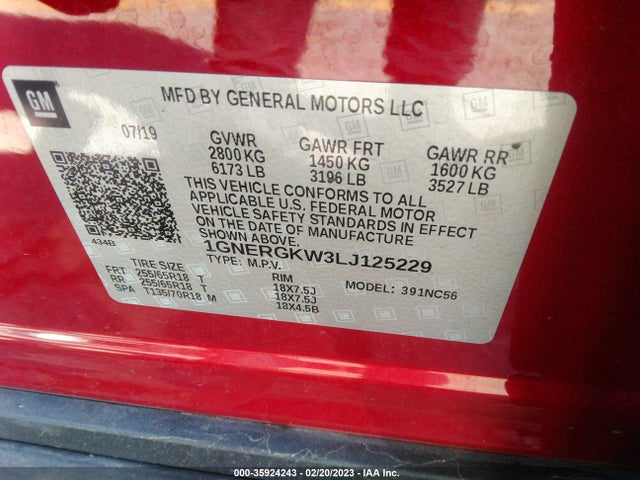 Chevrolet Traverse Lt Cloth 2020 1GNERGKW3LJ125229 Image 9