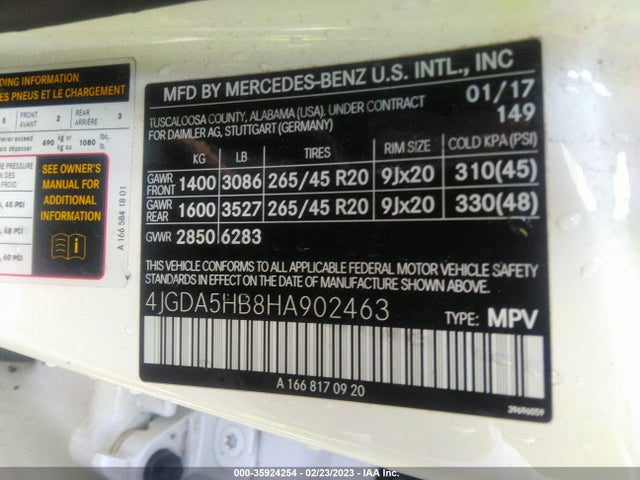 2017 Mercedes-Benz GLE-Class, VIN: 4JGDA5HB8HA902463