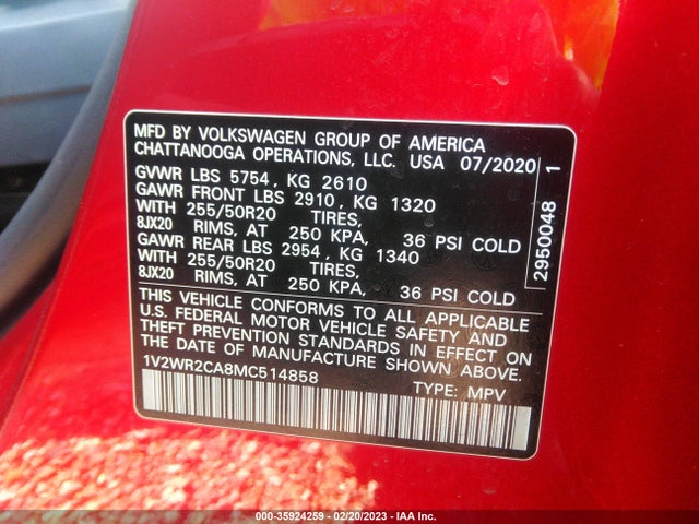 1V2WR2CA8MC514858 Volkswagen Atlas 3.6l V6 Se W/technology