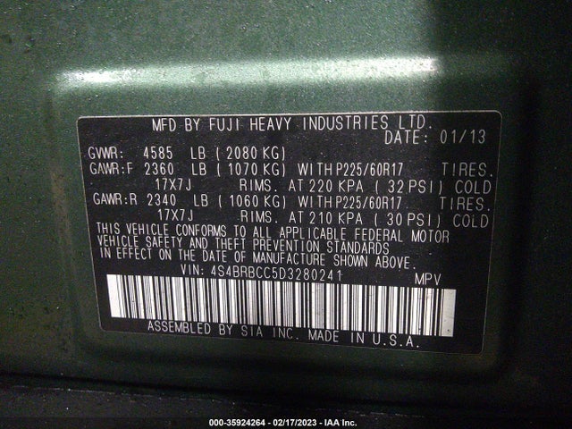 4S4BRBCC5D3280241 Subaru Outback 2.5i Premium