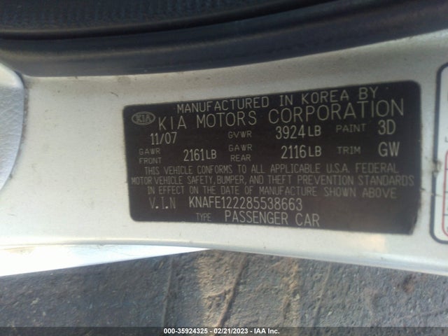 2008 KIA SPECTRA EX VIN: KNAFE122285538663