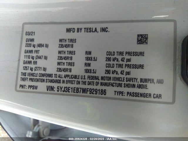 Tesla Model 3 Long Range 2021 5YJ3E1EB7MF929186 Image 10