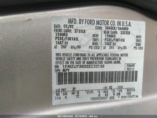 2002 FORD EXPLORER XLT VIN: 1FMZU73K02ZC52150