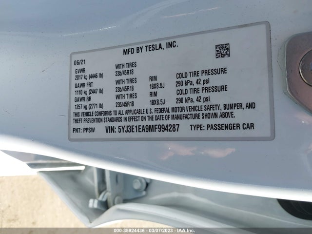 Tesla Model 3 Standard Range Plus 2021 5YJ3E1EA9MF994287 Image 10