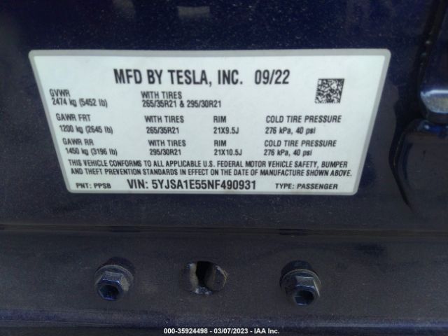 5YJSA1E55NF490931 Tesla MODEL S