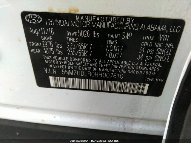 2017 HYUNDAI SANTA FE SPORT 2.4L VIN: 5NMZUDLB0HH007610