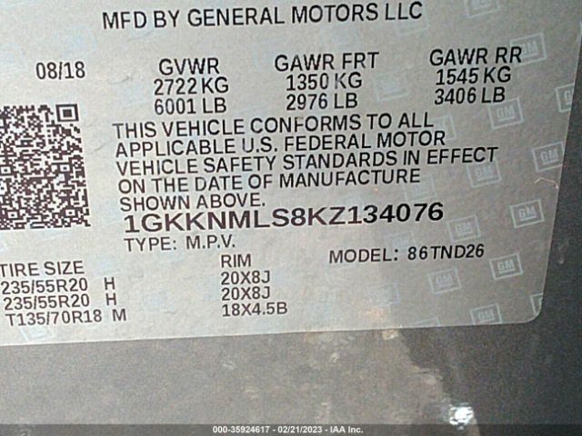 1GKKNMLS8KZ134076 GMC ACADIA SLT