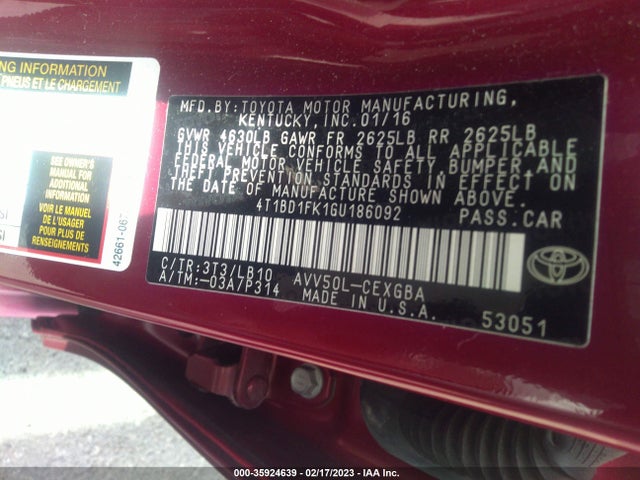 2016 Toyota Camry, VIN: 4T1BD1FK1GU186092