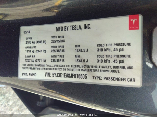 Tesla Model 3 Range Battery 2018 5YJ3E1EA8JF016505 Image 11