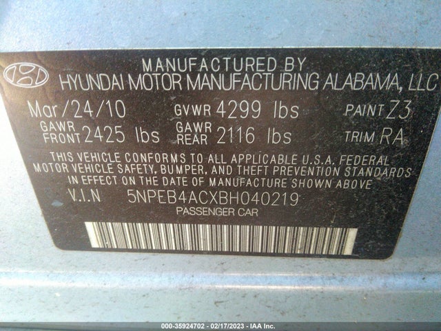 2011 HYUNDAI SONATA GLS VIN: 5NPEB4ACXBH040219