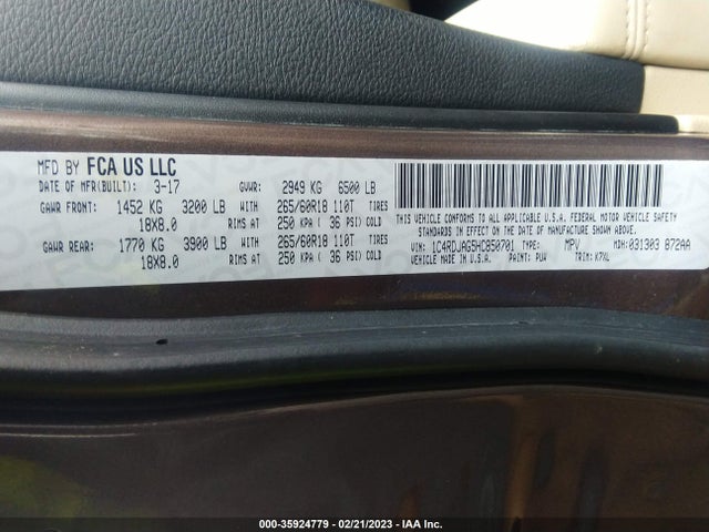 2017 Dodge Durango, VIN: 1C4RDJAG5HC850701