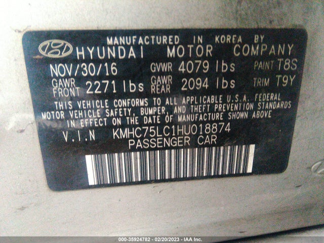 2017 HYUNDAI IONIQ HYBRID SEL VIN: KMHC75LC1HU018874