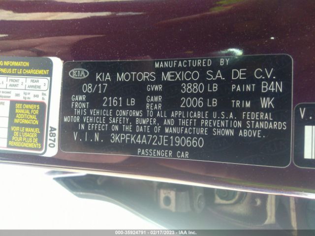 3KPFK4A72JE190660 KIA FORTE LX