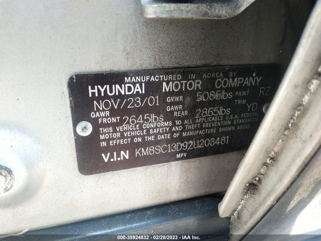 2002 HYUNDAI SANTA FE GLS/LX VIN: KM8SC13D92U203481