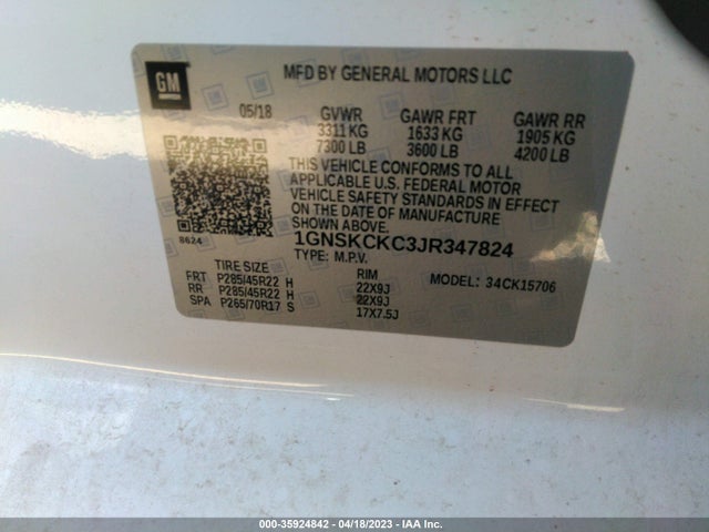 Aukcja sprzedaży 2018 Chevrolet Tahoe Premier, vin: 1GNSKCKC3JR347824, numer aukcji: 35924842