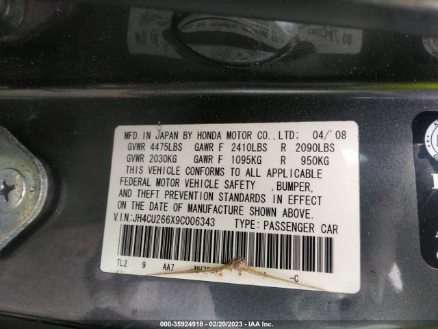 35924918 :رقم المزاد ، JH4CU266X9C006343 vin ، 2009 Acura Tsx مزاد بيع