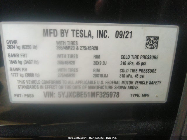2021 Tesla Model X, VIN: 5YJXCBE51MF325978