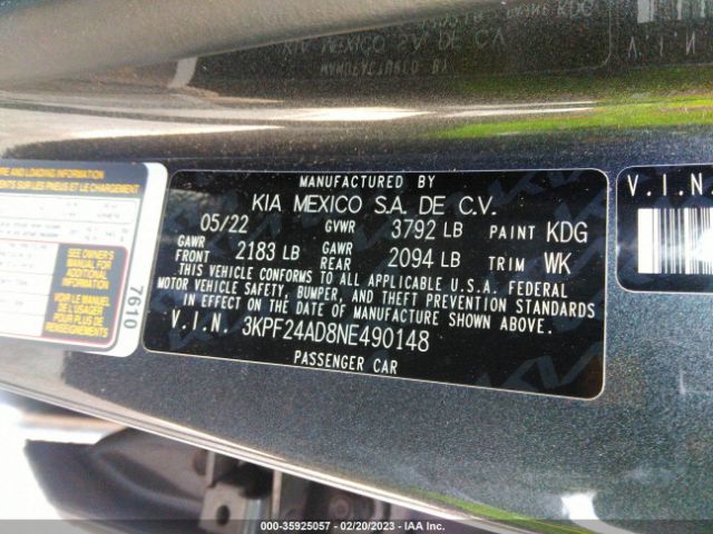 3KPF24AD8NE490148 KIA Forte Lxs