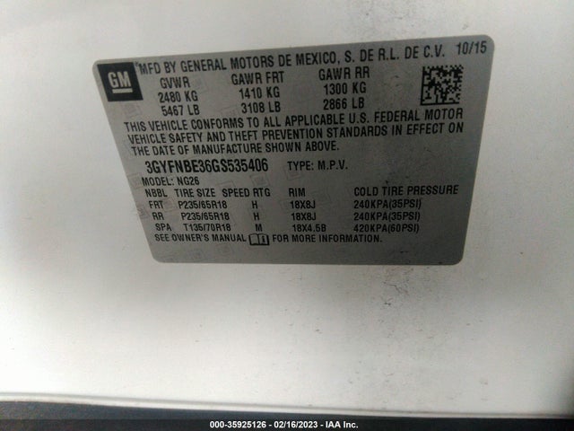 2016 Cadillac SRX, VIN: 3GYFNBE36GS535406