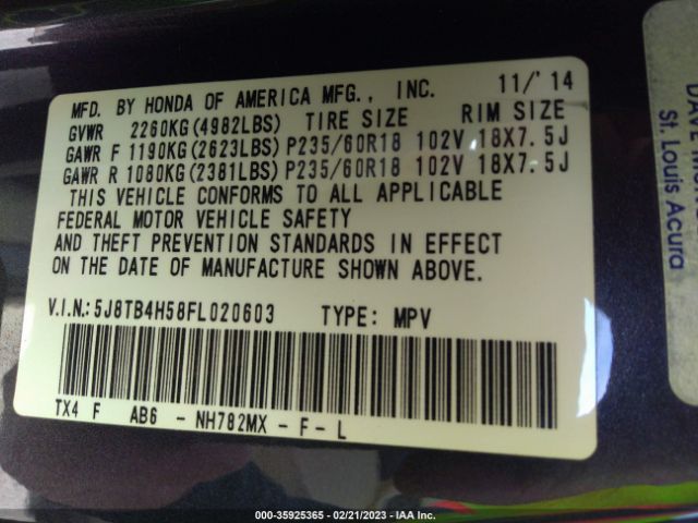 5J8TB4H58FL020603 Acura Rdx Tech Pkg