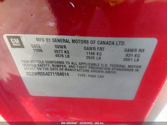 2007 PONTIAC GRAND PRIX GT VIN: 2G2WR554271184014