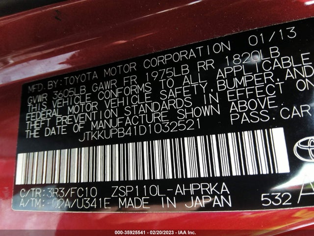 2013 SCION XD VIN: JTKKUPB41D1032521