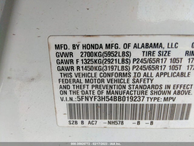 2011 HONDA PILOT EX-L VIN: 5FNYF3H54BB019237