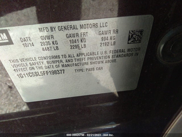 2015 CHEVROLET MALIBU LT VIN: 1G11C5SL5FF198377