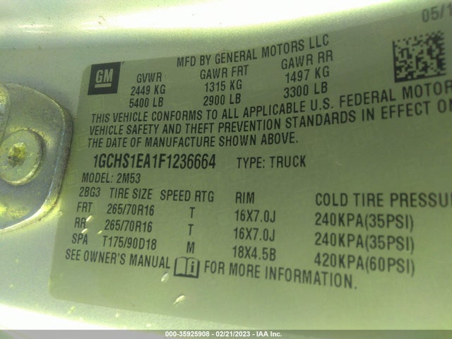 2015 Chevrolet Colorado, VIN: 1GCHS1EA1F1236664