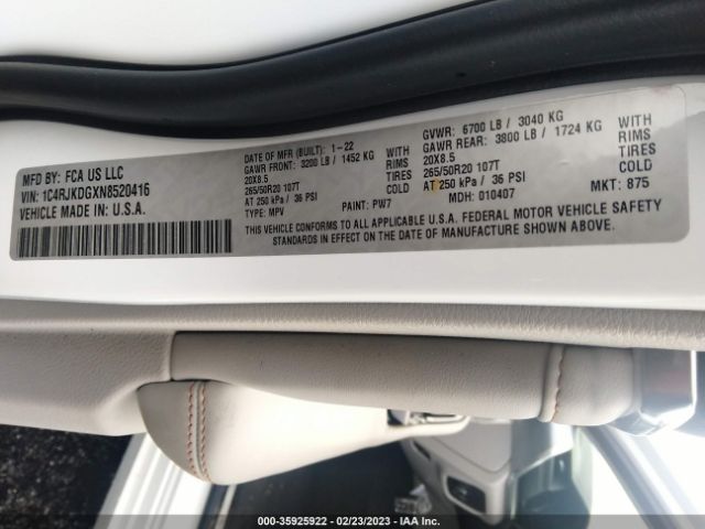 1C4RJKDGXN8520416 Jeep Grand Cherokee L Overland