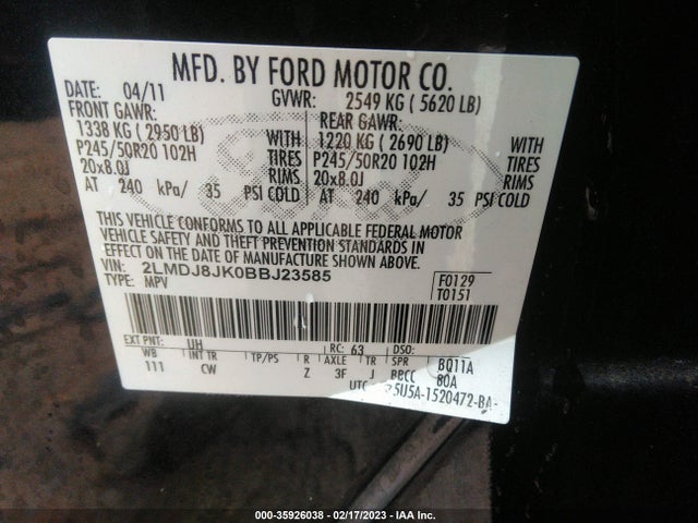 Lincoln MKX 2011 2LMDJ8JK0BBJ23585 Image 11