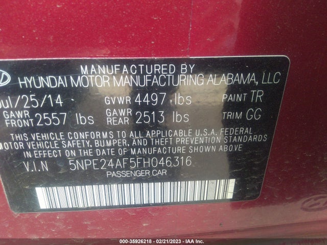2015 HYUNDAI SONATA 2.4L SE VIN: 5NPE24AF5FH046316