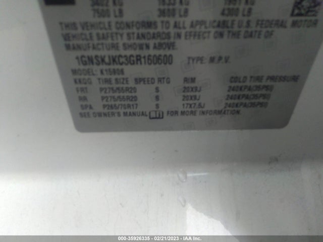 2016 Chevrolet Suburban, VIN: 1GNSKJKC3GR160600