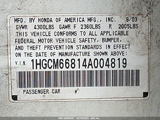 2004 HONDA ACCORD SDN EX VIN: 1HGCM66814A004819