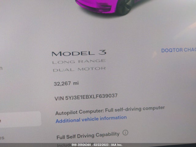 5YJ3E1EBXLF639037 Tesla Model 3 Long Range