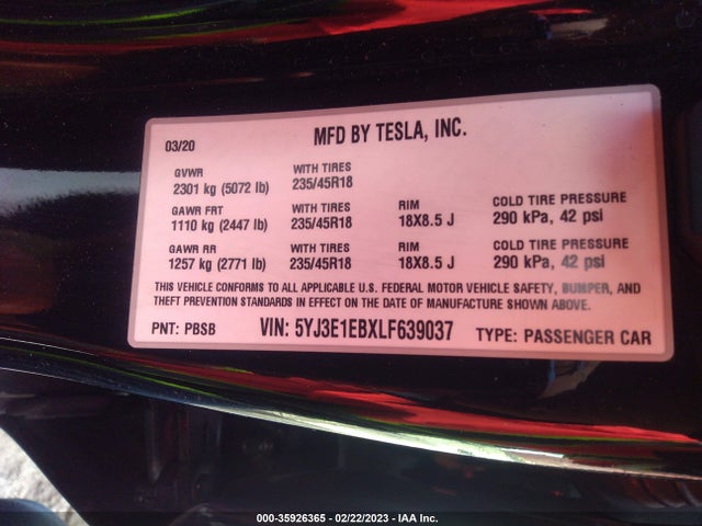 5YJ3E1EBXLF639037 Tesla Model 3 Long Range