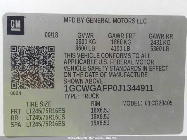 2018 CHEVROLET EXPRESS CARGO VAN VIN: 1GCWGAFP0J1344911
