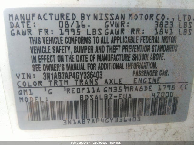 2016 NISSAN SENTRA S VIN: 3N1AB7AP4GY336403