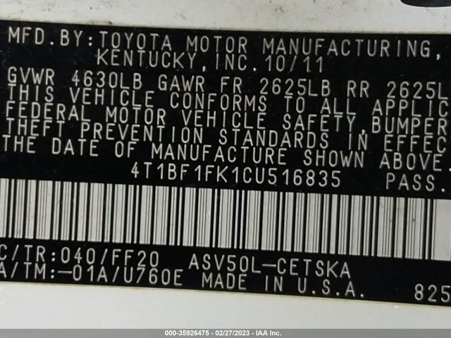 Toyota Camry 2012 4T1BF1FK1CU516835 Image 10
