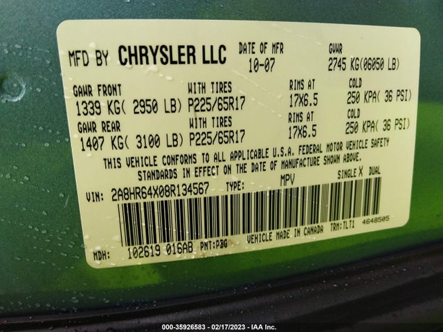 2A8HR64X08R134567 Chrysler Town & Country Limited
